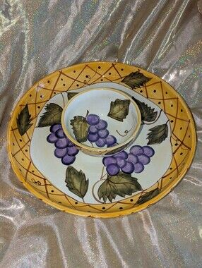 Hand-Painted Grape Ceramic Chip & Dip Platter NWT